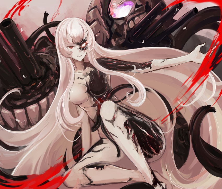 1girl blush breasts central_hime highres horns kantai_collection long_hair looking_at_viewer medium_breasts mizuchi_(mizuchi7118) monster pale_skin red_eyes short_hair sitting solo turret very_long_hair white_hair