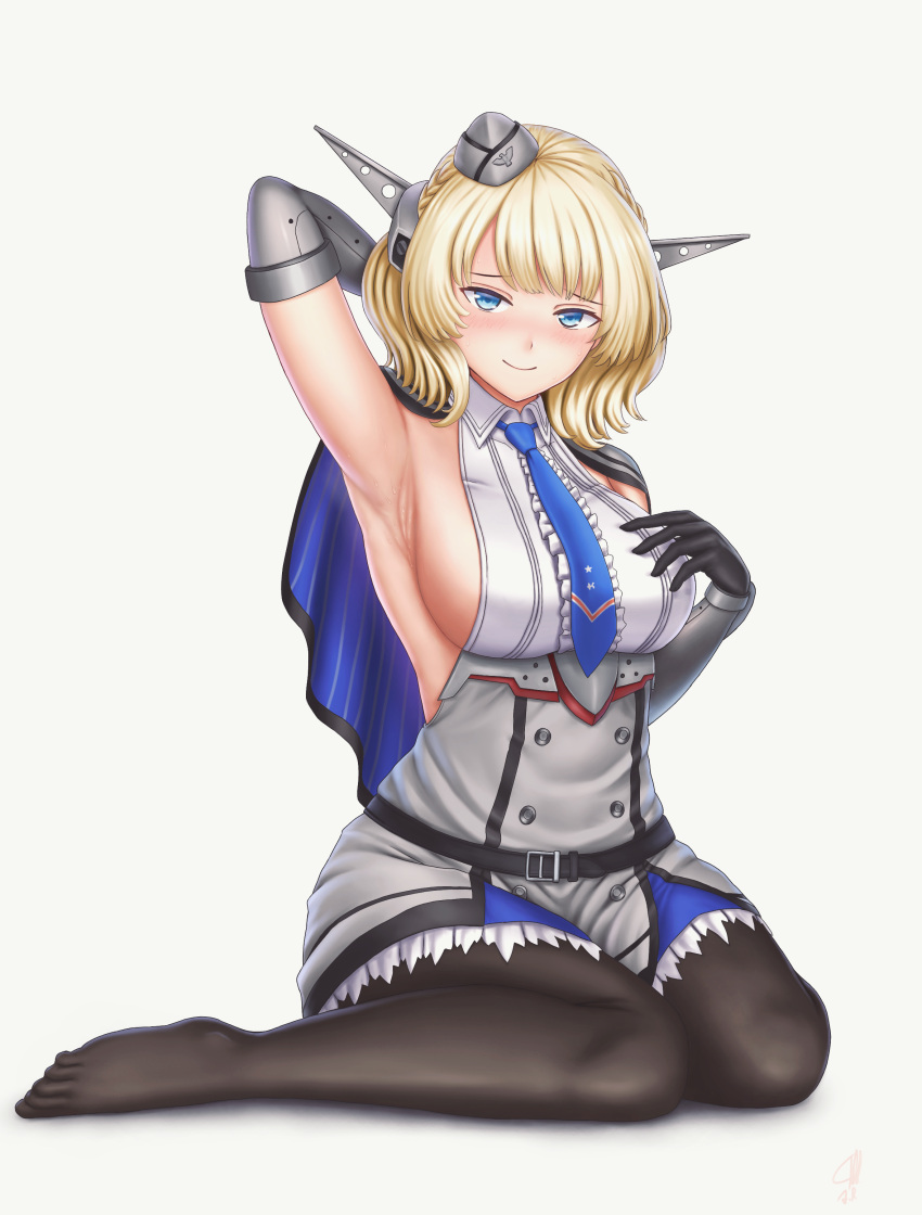 1girl a_rokhman absurdres armpits black_legwear blonde_hair blue_eyes blue_neckwear braid breasts capelet colorado_(kantai_collection) commentary elbow_gloves english_commentary eyebrows_visible_through_hair garrison_cap gloves grey_gloves grey_headwear hat headgear highres kantai_collection looking_at_viewer necktie pantyhose short_hair sideboob simple_background sitting sleeveless solo wariza white_background