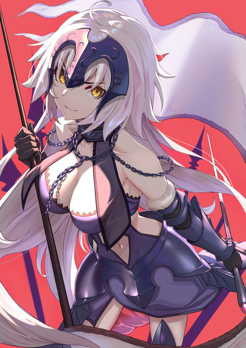 1girl absurdres ahoge armor black_gloves breasts chains cleavage fate/grand_order fate_(series) fifty1202 flag gloves highres holding holding_sword holding_weapon jeanne_d'arc_(alter)_(fate) jeanne_d'arc_(fate)_(all) large_breasts navel navel_cutout red_background smile sword weapon white_hair yellow_eyes