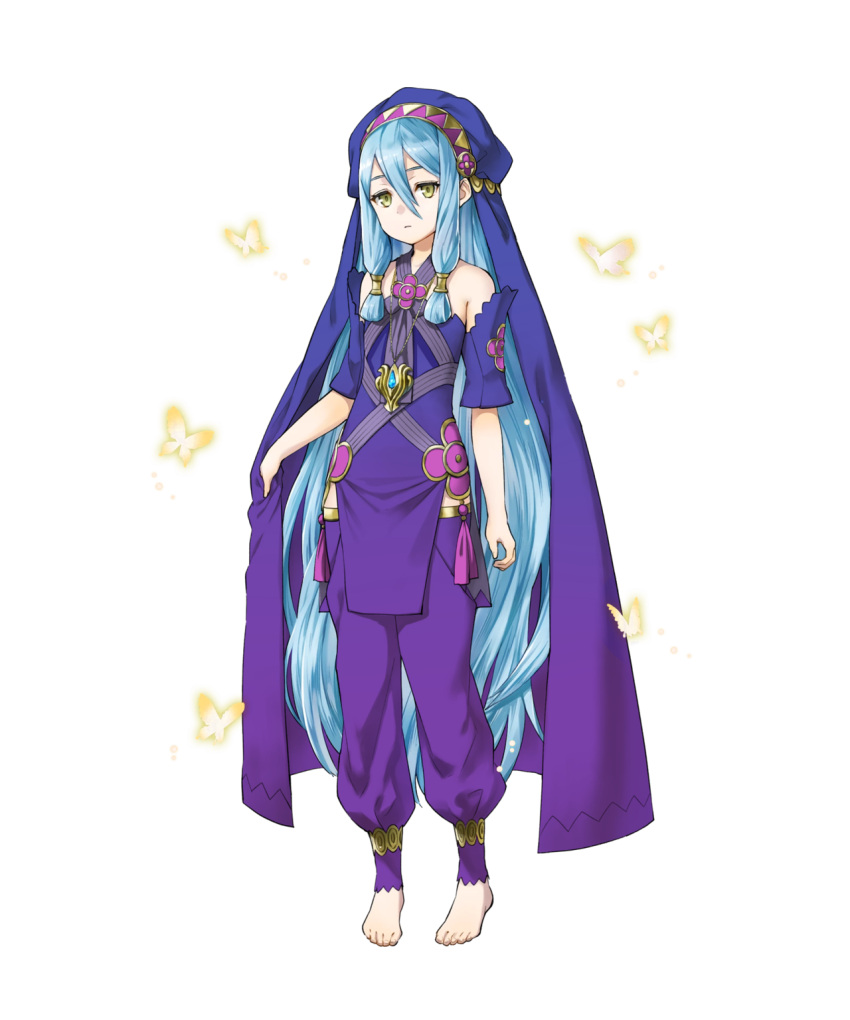 1girl age_regression aqua_(fire_emblem_if) barefoot blue_hair braid bug butterfly child dress fire_emblem fire_emblem_heroes fire_emblem_if highres insect jewelry long_hair looking_at_viewer necklace nintendo solo standing twin_braids veil yellow_eyes younger