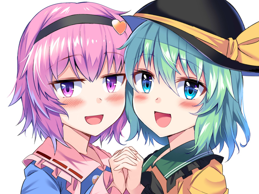 2girls :d bangs black_hairband black_headwear blue_shirt blush commentary_request e.o. eyebrows_visible_through_hair frilled_shirt_collar frilled_sleeves frills green_eyes green_hair hair_between_eyes hair_ornament hairband hand_holding hat hat_ribbon heart heart_hair_ornament highres interlocked_fingers komeiji_koishi komeiji_satori long_sleeves looking_at_viewer multiple_girls open_mouth pink_hair portrait ribbon ribbon-trimmed_collar ribbon_trim shirt short_hair siblings simple_background sisters smile touhou violet_eyes white_background yellow_ribbon yellow_shirt