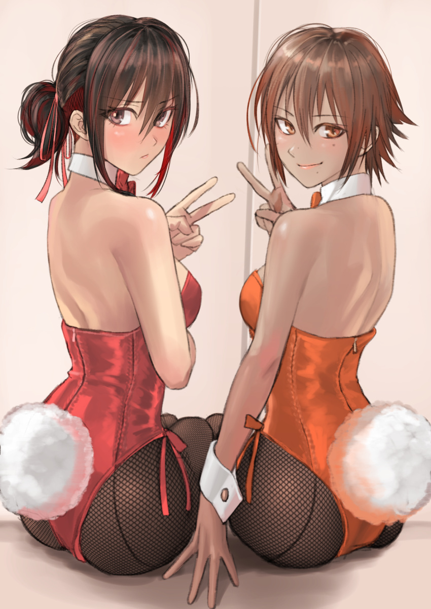 2girls ass bare_shoulders black_hair bow bowtie breasts brown_eyes brown_hair bunny_girl bunny_tail detached_collar fishnet_pantyhose fishnets from_behind hair_ribbon highres kilye_4421 leotard looking_at_viewer looking_back low_ponytail medium_breasts mole mole_under_eye multiple_girls orange_leotard orange_neckwear original pantyhose pink_ribbon ponytail red_leotard red_neckwear ribbon short_hair sitting smile strapless strapless_leotard tail v wrist_cuffs