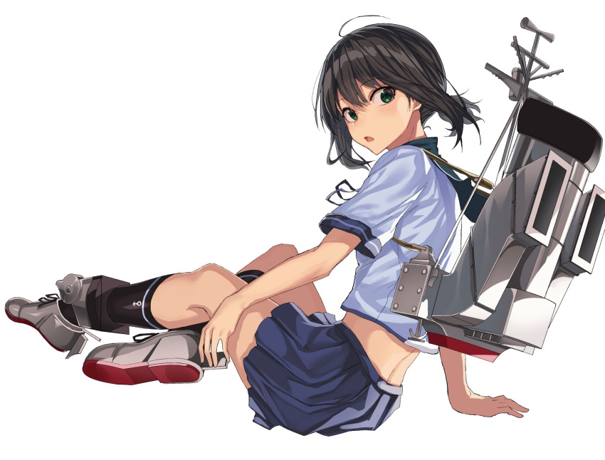 1girl ahoge bangs black_hair black_legwear blue_skirt blush eyebrows_visible_through_hair fubuki_(kantai_collection) full_body green_eyes highres kantai_collection low_ponytail open_mouth oweee pleated_skirt ponytail rigging school_uniform serafuku short_sleeves simple_background skirt socks solo white_background