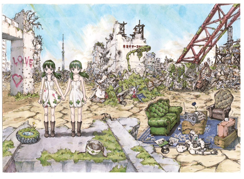 2girls bandage boots building carpet couch crate day dress excavator expressionless full_body graffiti green_eyes green_hair hand_holding headphones helmet inoue_tomonori looking_at_viewer multiple_girls original outdoors overgrown plant post-apocalypse radio record road_sign robot robot_animal ruins scenery siblings sign sky smile standing television tire traffic_cone traffic_light twins twintails white_dress