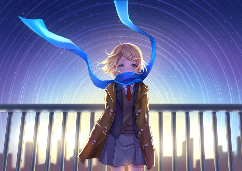 1girl arms_behind_back backlighting blazer blonde_hair blue_eyes blue_scarf blurry blurry_background brown_jacket cityscape commentary_request covering_mouth depth_of_field fence hair_ornament hairclip highres jacket kagamine_rin light_trail looking_at_viewer mikmix necktie open_clothes open_jacket pleated_skirt red_neckwear scarf school_uniform short_hair skirt sky solo star_(sky) star_trail starry_sky sunrise sweater vocaloid