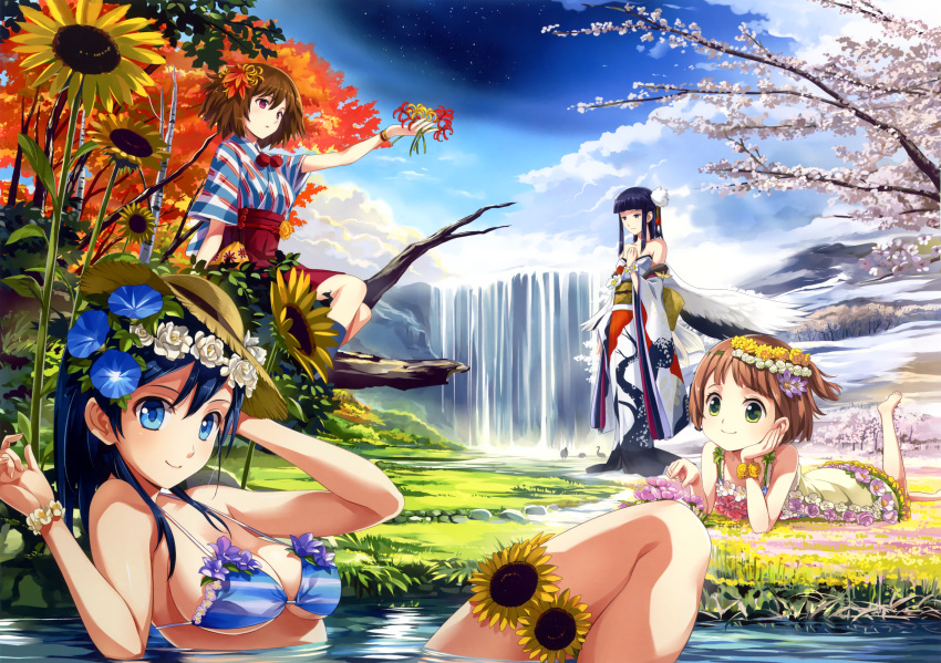 4girls absurdres bangs bare_shoulders barefoot bikini black_eyes black_hair blue_eyes blue_hair blue_legwear blue_sky blunt_bangs breasts brown_hair cherry_blossoms cleavage dress ekusa_takahito flower furisode green_eyes hair_flower hair_ornament hand_on_own_cheek hands_on_own_chest hat highres huge_filesize japanese_clothes kimono lying multiple_girls obi on_stomach one_side_up original outstretched_hand partially_submerged scan short_hair sitting sky smile strap_gap straw_hat striped striped_bikini striped_swimsuit sunflower swimsuit violet_eyes water waterfall wings