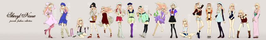 bikini blonde_hair boots bra chart comparison costume_chart dress fashion fishnets green_eyes hat highres japanese_clothes kimono lingerie long_hair long_image macross macross_frontier necktie ni_(pixiv154638) panties sandals sheryl_nome sundress sunglasses swimsuit thigh-highs thighhighs underwear wide_image