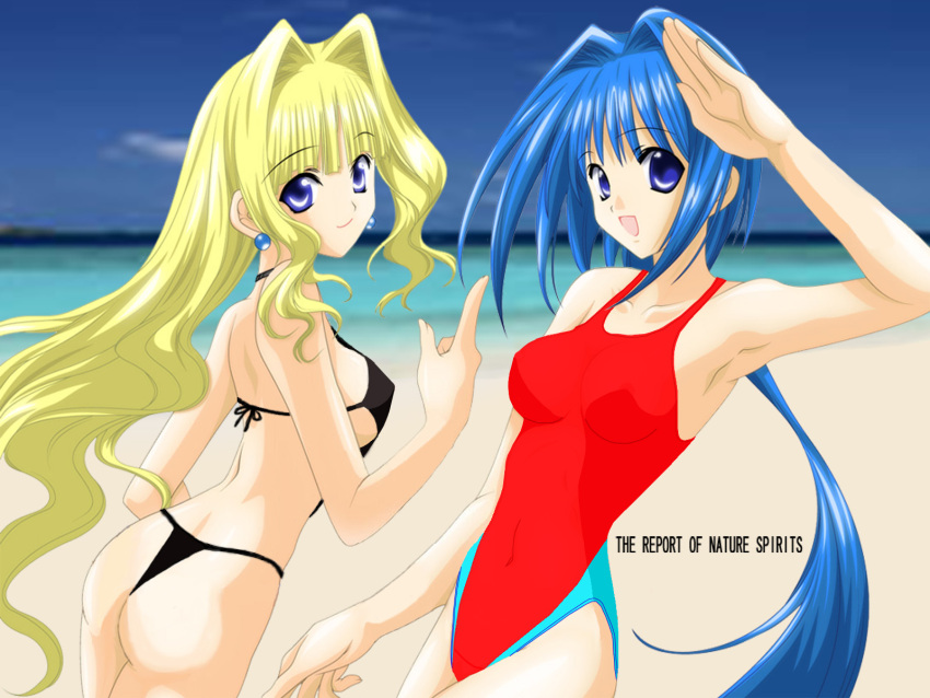 1600x1200 bikini blonde_hair blue_eyes blue_hair hair_intakes highres jpeg_artifacts kishou_seireiki long_hair photoshop salute short_hair swimsuit the_report_of_nature_spirits thong_bikini wallpaper