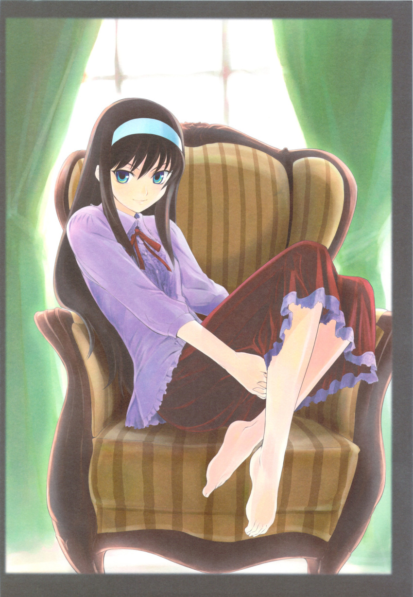 barefoot black_hair blue_eyes crazy_clover_club crossed_legs feet hairband highres legs_crossed long_hair scan sitting skirt smile tohno_akiha toono_akiha tsukihime