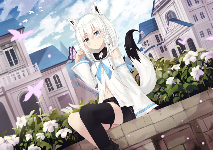 1girl animal_ears asymmetrical_legwear black_legwear black_shorts blue_eyes blue_neckwear blush butterfly_on_hand day detached_sleeves dutch_angle flower fox_ears fox_tail garter_straps highres hololive long_hair long_sleeves midriff navel outdoors shirakami_fubuki short_shorts shorts silver_hair single_thighhigh sleeves_past_wrists smile solo stomach tail thigh-highs touhourh virtual_youtuber white_flower white_sleeves zettai_ryouiki