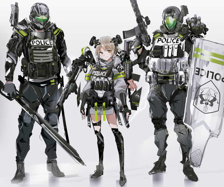 1girl 2others ambiguous_gender black_footwear black_gloves black_pants brown_eyes english_text fingerless_gloves gloves gun holding holding_gun holding_weapon light_brown_hair looking_at_viewer mask multiple_others original pants police shield shoes smile standing swav weapon