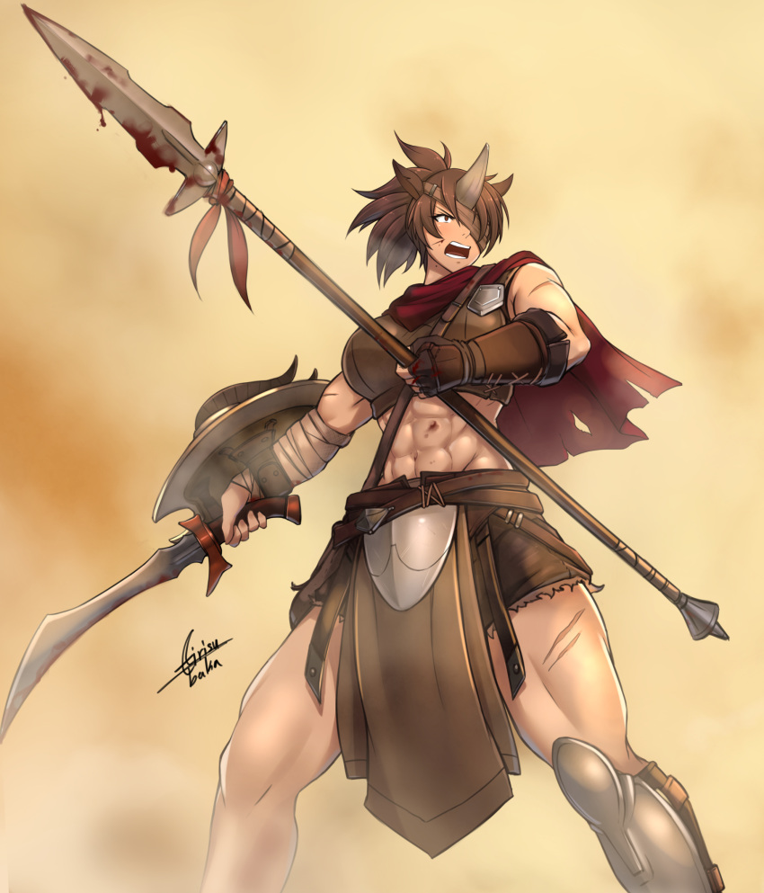 1girl abs airisubaka animal_ears artist_name blood bloody_weapon brown_eyes brown_hair cape commentary cuts dual_wielding english_commentary eyepatch highres holding horn injury legs_apart looking_away midriff monster_girl muscle muscular_female open_mouth original pelvic_curtain polearm ponytail red_cape rhinoceros_ears shield solo spear sword weapon