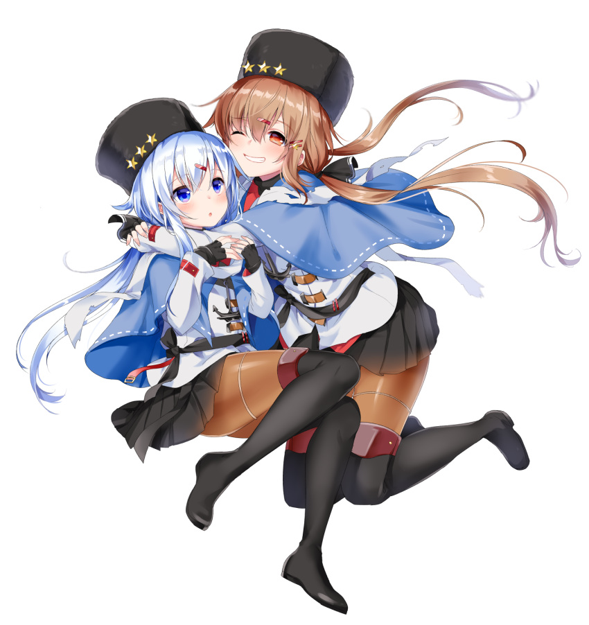 2girls :o anchor bangs black_bow black_gloves black_headwear black_skirt blue_eyes blue_shawl blush bow brown_hair cosplay eyebrows_visible_through_hair fingerless_gloves full_body fur_hat gloves grin hair_between_eyes hair_ornament hairclip hat hibiki_(kantai_collection) highres hug jacket kantai_collection long_hair long_sleeves low_twintails motohara_moka multiple_girls one_eye_closed open_mouth papakha pleated_skirt ribbon scarf shawl simple_background skirt smile star tashkent_(kantai_collection) tashkent_(kantai_collection)_(cosplay) torn_clothes torn_scarf twintails white_background white_hair white_jacket white_scarf