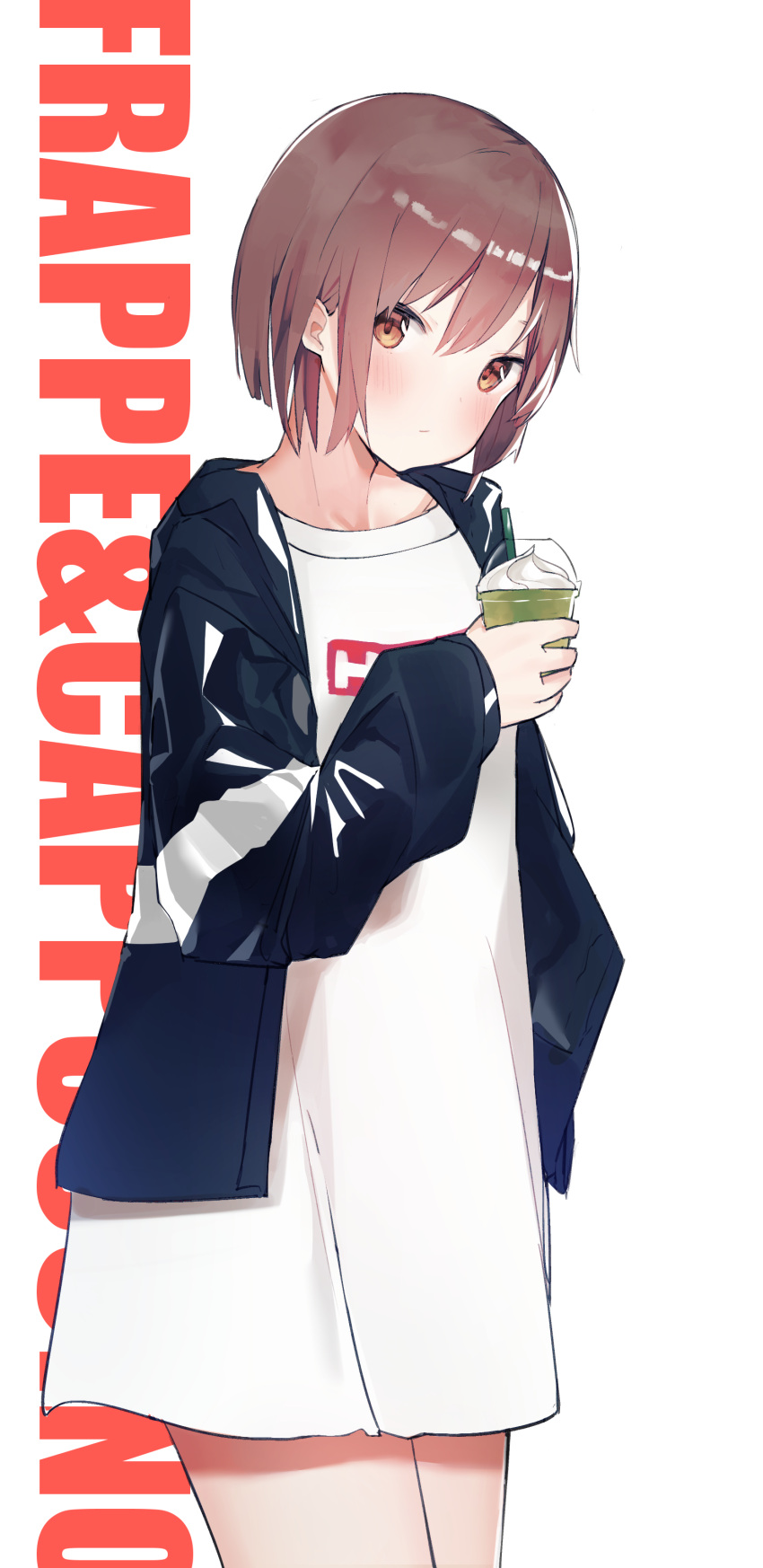 1girl absurdres background_text bangs black_jacket blush brown_eyes brown_hair closed_mouth commentary_request cup disposable_cup dress drinking_glass eyebrows_behind_hair hair_between_eyes head_tilt highres holding idemitsu jacket long_sleeves looking_at_viewer open_clothes open_jacket original puffy_long_sleeves puffy_sleeves short_hair simple_background sleeves_past_wrists solo white_background white_dress