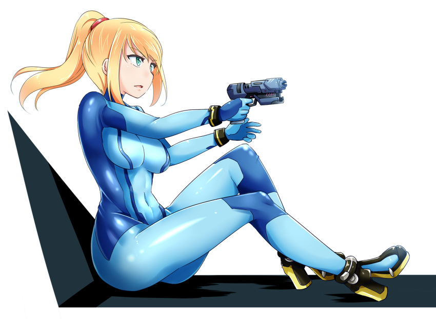 1girl blonde_hair blue_bodysuit blue_eyes bodysuit boots breasts commentary covered_navel eyebrows_visible_through_hair from_side gun hair_tie high_heel_boots high_heels holding holding_gun holding_weapon impossible_bodysuit impossible_clothes kitayama_miuki legs light_frown medium_breasts metroid nintendo parted_lips samus_aran skin_tight solo weapon white_background zero_suit