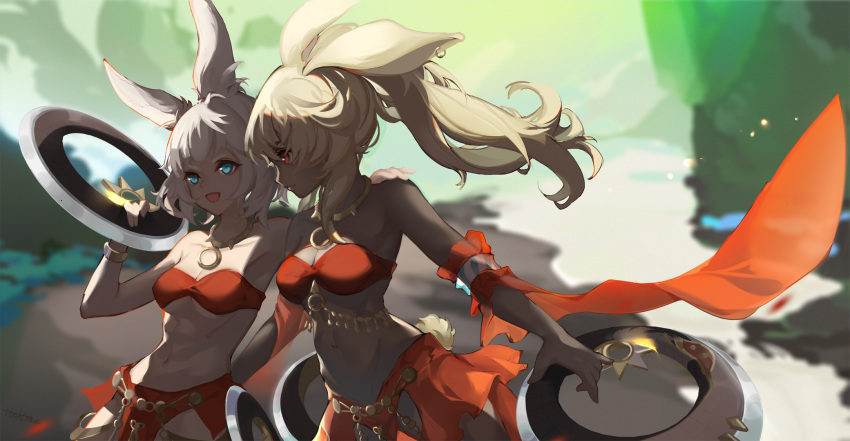 2girls :d animal_ears arm_up armpits bangle bangs bare_arms bare_shoulders blonde_hair blue_eyes blurry blush bracelet breasts chakram cleavage closed_mouth collar collarbone commentary_request cowboy_shot dancer day depth_of_field earrings final_fantasy final_fantasy_xiv hand_on_another's_shoulder highres holding holding_weapon itohime jewelry multiple_girls navel open_mouth ponytail profile red_eyes revision short_hair signature silver_hair single_sidelock small_breasts smile stomach sunlight tail viera weapon