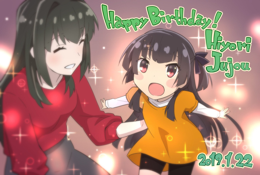 2girls bangs bike_shorts birthday black_hair blush character_name child closed_eyes dated dress english_text eyebrows_visible_through_hair family green_hair happy_birthday highres juujou_hiyori juujou_kagari long_hair long_sleeves mother_and_daughter multiple_girls one_side_up open_mouth red_eyes red_shirt ribbon sasaki_mitsuru shirt smile standing toji_no_miko