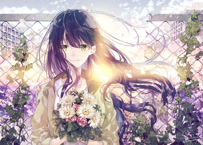 1girl black_hair blue_sky bouquet broken chain-link_fence clouds day fence flower green_eyes holding holding_bouquet jacket long_hair looking_at_viewer original outdoors plant seikai_meguru sky smile solo standing twitter_username upper_body very_long_hair vines yellow_jacket