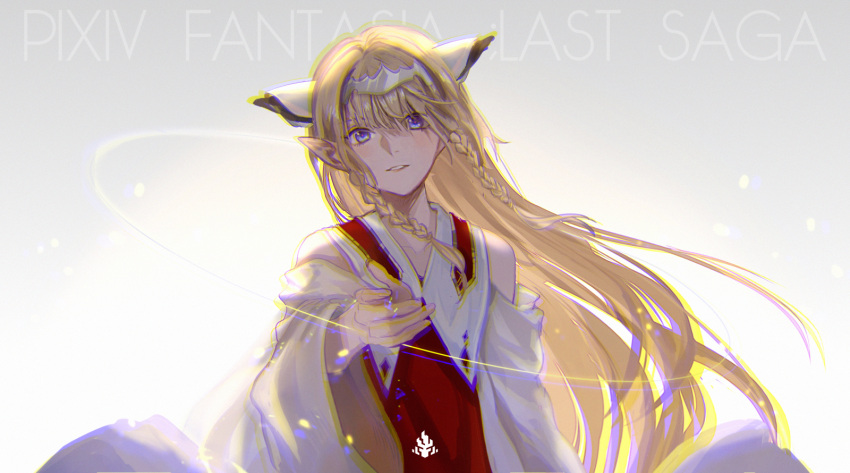 1girl achyue blonde_hair blue_eyes braid copyright_name falia_the_queen_of_the_mountains grey_background headpiece highres long_hair looking_at_viewer pixiv_fantasia pixiv_fantasia_last_saga pointy_ears simple_background smile solo standing twin_braids wide_sleeves