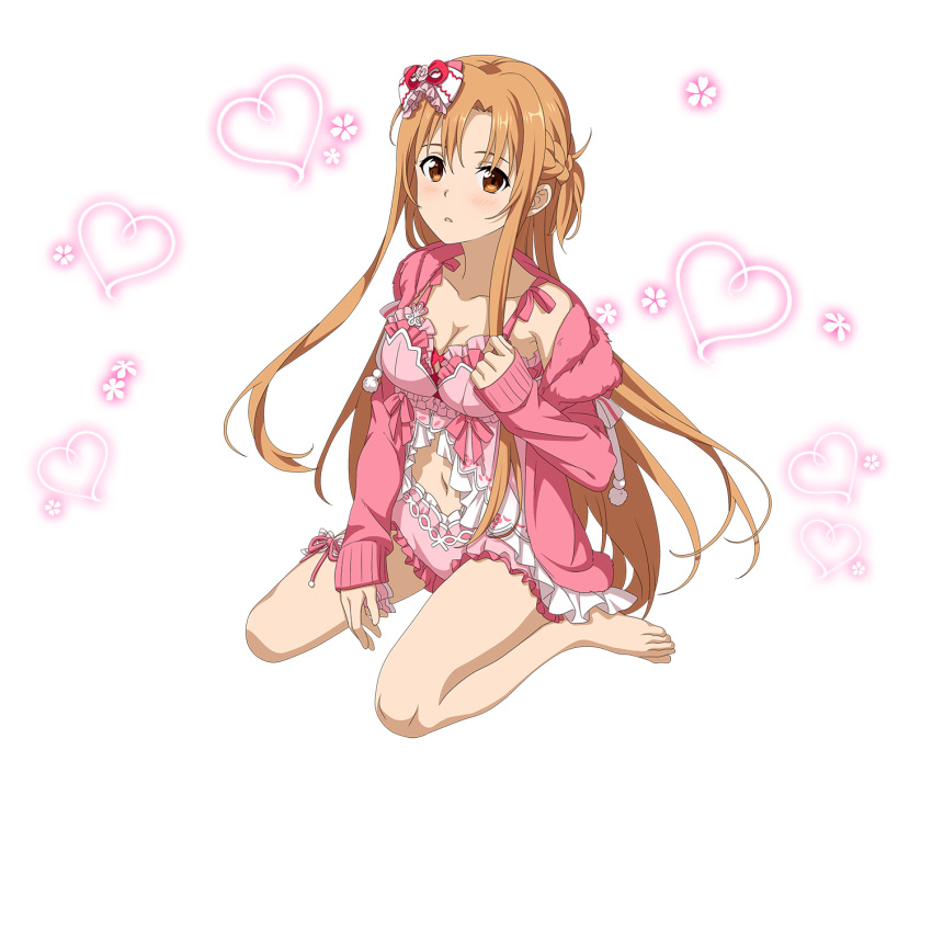 1girl asuna_(sao) barefoot blush breasts brown_eyes brown_hair cardigan cleavage collarbone feet floating_hair frilled_shorts frills full_body hair_between_eyes heart highres hood hood_down hooded_cardigan long_hair looking_at_viewer medium_breasts midriff navel off_shoulder official_art open_cardigan open_clothes parted_lips pink_cardigan pink_ribbon pink_shorts ribbon shiny shiny_hair short_shorts shorts sitting solo stomach sword_art_online transparent_background very_long_hair wariza