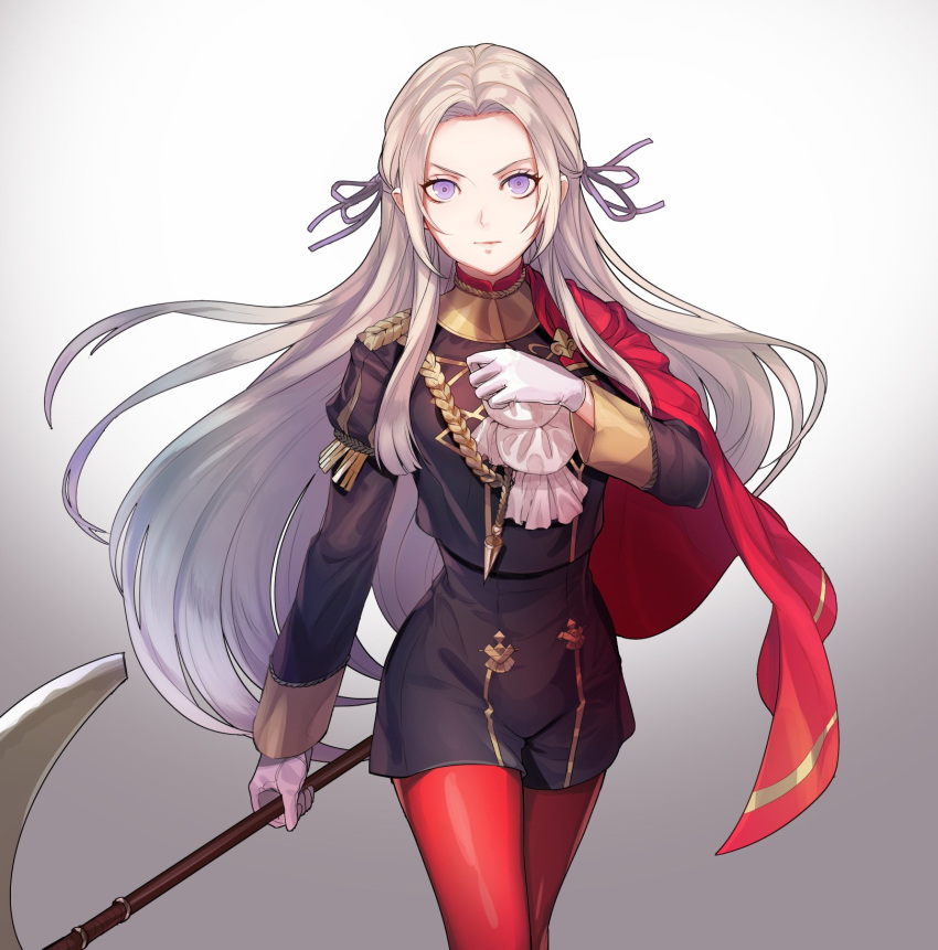 1girl axe blonde_hair blue_eyes cape cravat edelgard_von_hresvelgr_(fire_emblem) fire_emblem fire_emblem:_three_houses fire_emblem_heroes gloves hair_ornament highres intelligent_systems kokouno_oyazi long_hair looking_at_viewer nintendo pantyhose red_cape ribbon simple_background smile solo uniform weapon white_background