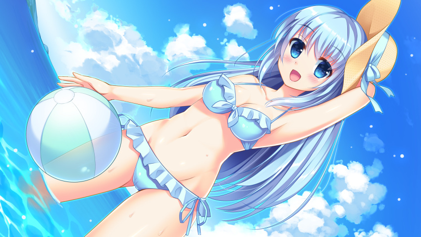 1girl arm_up ball beachball bikini blue_bikini blue_eyes blue_hair blue_ribbon blue_sky blush breasts brown_headwear cleavage clouds cloudy_sky commentary_request day dutch_angle frilled_bikini frills gluteal_fold groin hand_on_headwear hat hat_ribbon highres horizon long_hair medium_breasts navel ocean original outdoors ribbon sky solo sun_hat swimsuit umitonakai very_long_hair water