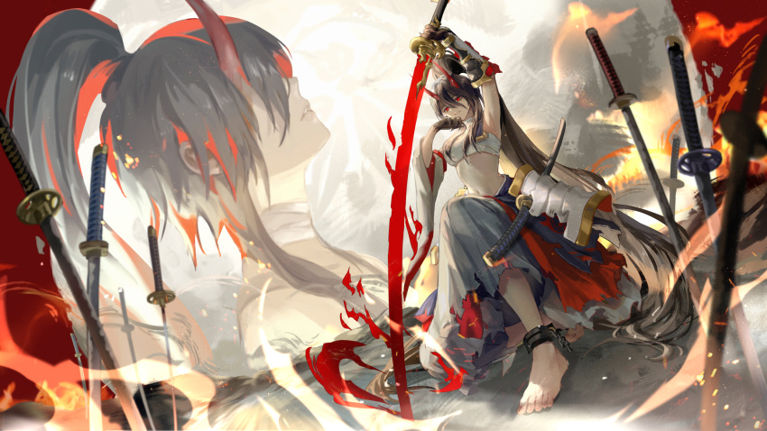 1girl achyue anklet arms_up barefoot black_hair breasts broken broken_chain chain chains high_ponytail highres holding holding_sword holding_weapon horns jewelry long_hair looking_at_viewer midriff multiple_views navel onmyoji outdoors planted_sword planted_weapon ponytail red_eyes skirt solo sword very_long_hair weapon youtouhime