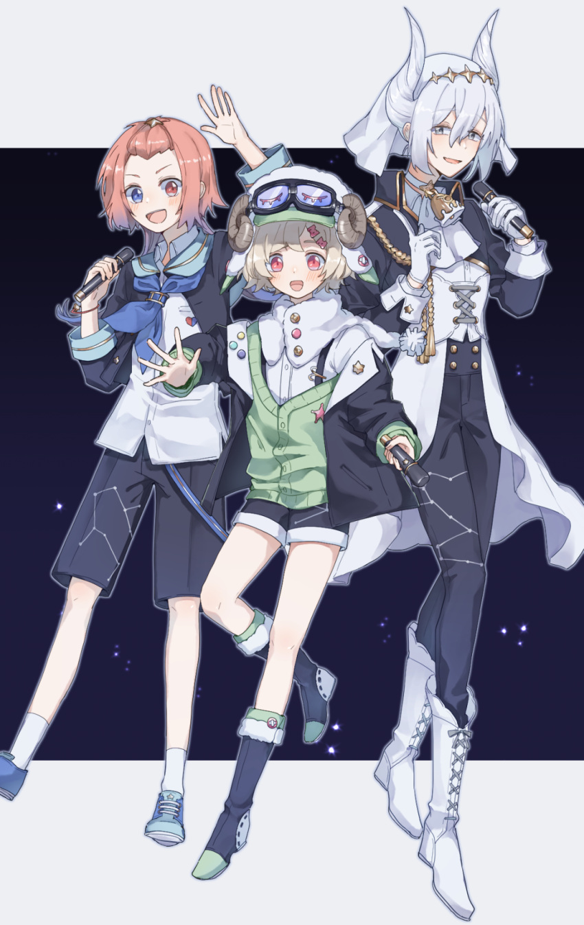 3boys :d bell blonde_hair blue_eyes blue_legwear blue_neckwear blush boots bow brown_hair buttons constellation_print cross-laced_footwear fuguve gloves goggles goggles_on_head grey_eyes hair_bow hair_ornament hand_up heterochromia highres holding holding_microphone horns long_sleeves looking_at_viewer male_focus microphone multiple_boys neck_bell open_mouth original pink_eyes red_eyes sheep_hat shorts silver_hair simple_background smile standing standing_on_one_leg vest white_gloves white_legwear