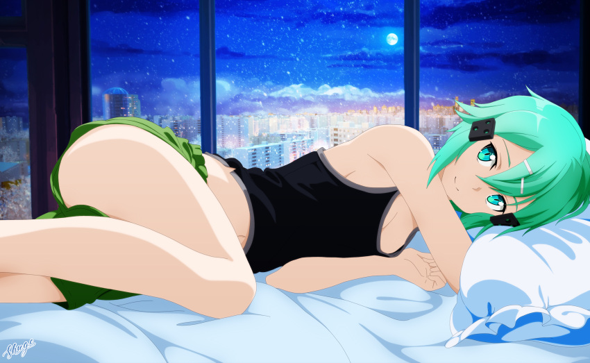 1girl absurdres aqua_eyes artist_name bed_sheet benjoerres black_tank_top breasts cleavage full_moon green_hair green_shorts hair_ornament hairclip highres looking_at_viewer lying medium_breasts midriff moon navel night night_sky on_bed on_side pillow shiny shiny_hair short_hair short_shorts shorts sideboob sinon sky smile solo star_(sky) starry_sky stomach sword_art_online