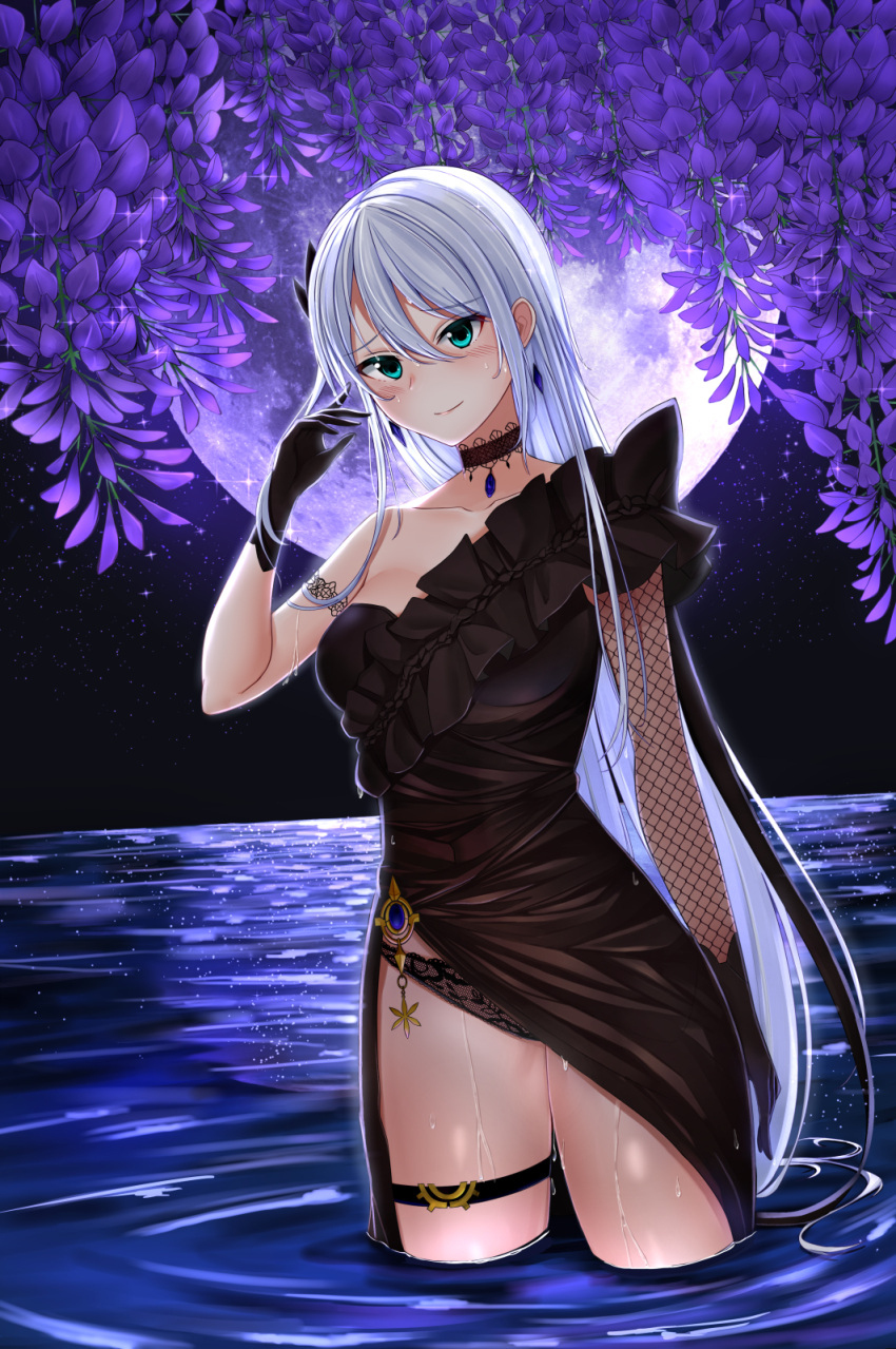 1girl aircell bangs benghuai_xueyuan black_choker black_dress black_gloves black_panties blue_eyes blush breasts cecilia_schariac choker cleavage collarbone dress earrings eyebrows_visible_through_hair fishnets flower full_moon gem gloves hair_between_eyes highres honkai_(series) honkai_impact_3rd jewelry large_breasts long_hair looking_at_viewer moon night ocean panties purple_flower silver_hair single_bare_shoulder smile solo thigh_strap underwear very_long_hair wading water wet wisteria