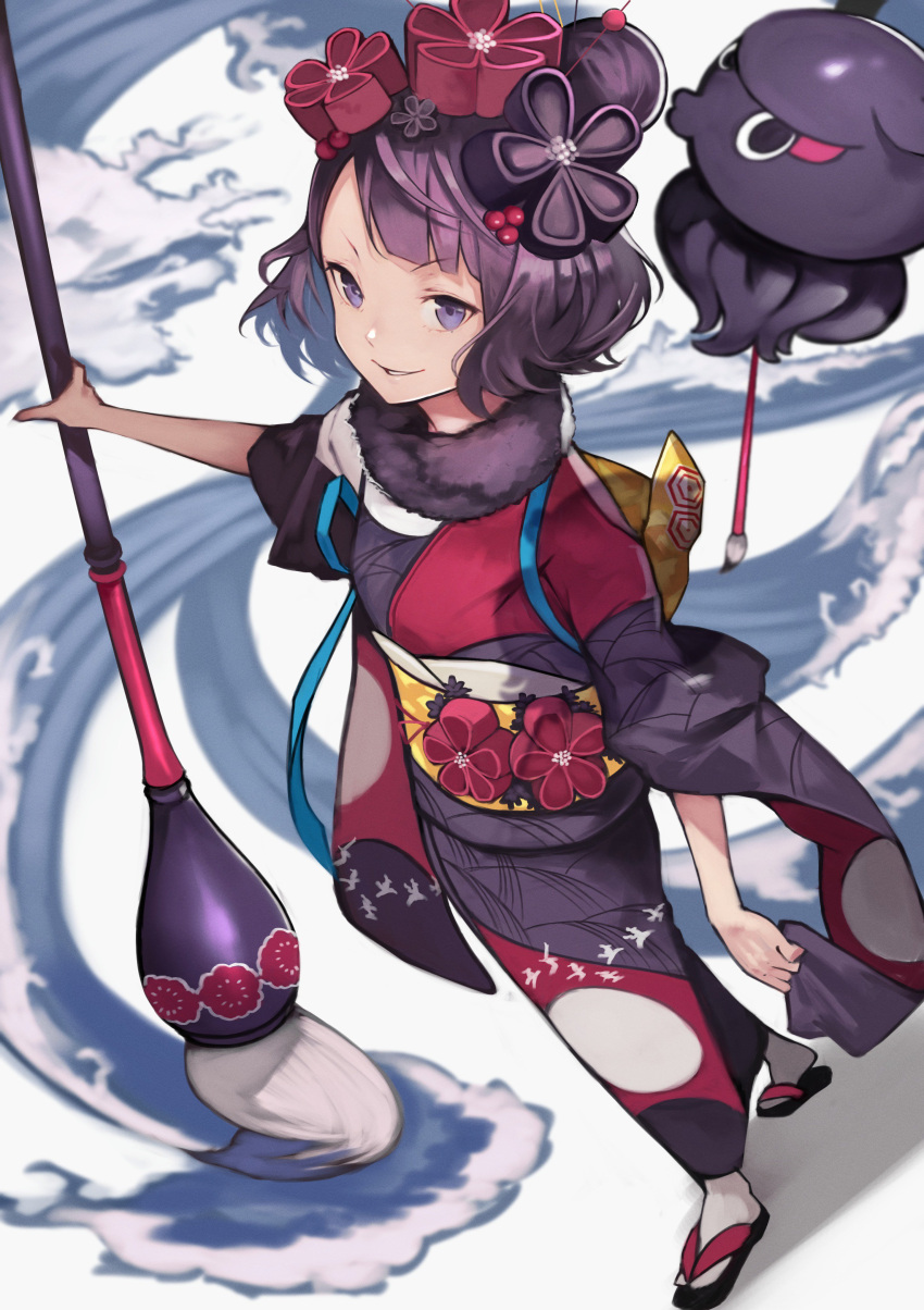 1girl 55level absurdres bangs black_hair blue_eyes calligraphy_brush commentary_request fate/grand_order fate_(series) flower hair_bun hair_flower hair_ornament hairpin highres holding holding_paintbrush ink japanese_clothes katsushika_hokusai_(fate/grand_order) kimono looking_at_viewer obi octopus paintbrush parted_bangs purple_kimono sash smile solo standing tokitarou_(fate/grand_order)