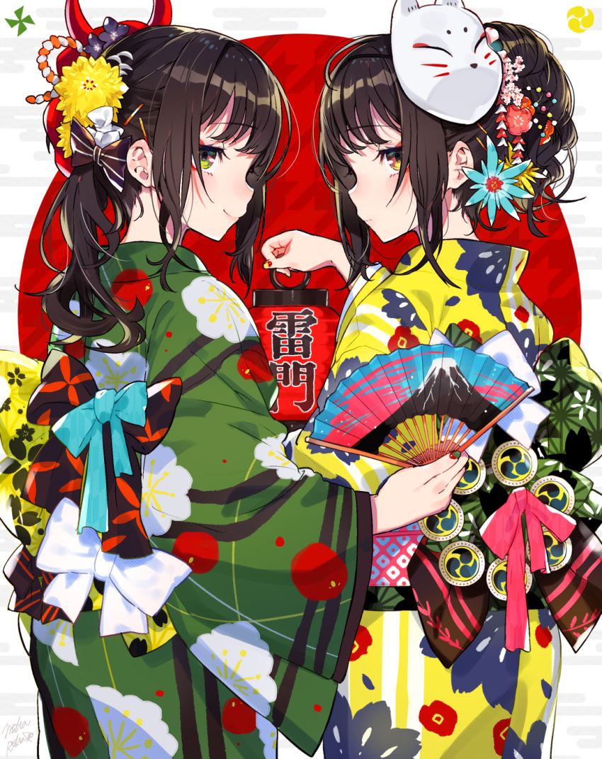 2girls black_bow blush bow brown_hair closed_mouth commentary_request egasumi fan fingernails floral_print flower folding_fan green_eyes green_kimono green_nails grey_background hair_bow hair_flower hair_ornament hairclip highres holding holding_fan holding_lantern japanese_clothes kimono lantern long_hair long_sleeves mika_pikazo multicolored multicolored_nails multiple_girls nail_polish obi original paper_lantern ponytail print_kimono red_background red_flower red_nails sash sidelocks signature smile striped striped_bow translation_request two-tone_background white_bow wide_sleeves yellow_eyes yellow_flower yellow_kimono yellow_nails