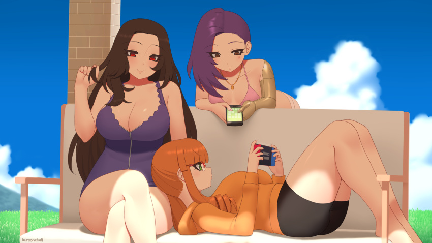 3girls artist_name asymmetrical_hair bangs bare_shoulders bent_over bike_shorts blue_sky blunt_bangs borrowed_character breasts brown_eyes brown_hair clouds commentary commission day drill_hair english_commentary eyebrows_visible_through_hair eyes_visible_through_hair game_console glasses green_eyes handheld_game_console highres hood hood_down hoodie jewelry kuroonehalf large_breasts legs_crossed long_hair lying mechanical_arm multiple_girls necklace nintendo_switch on_back orange_hoodie original outdoors over-rim_eyewear purple_hair red-framed_eyewear red_eyes semi-rimless_eyewear sidelocks sitting sky smile