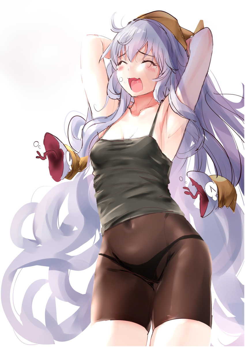 1girl absurdres arm_up armpits bare_shoulders blush bodysuit breasts closed_eyes cowboy_shot ganari_ryuu granblue_fantasy headpiece highres lavender_hair long_hair medium_breasts medusa_(shingeki_no_bahamut) open_mouth shingeki_no_bahamut simple_background sleepy small_breasts smile snake_hair solo standing stretch tears very_long_hair waking_up yawning