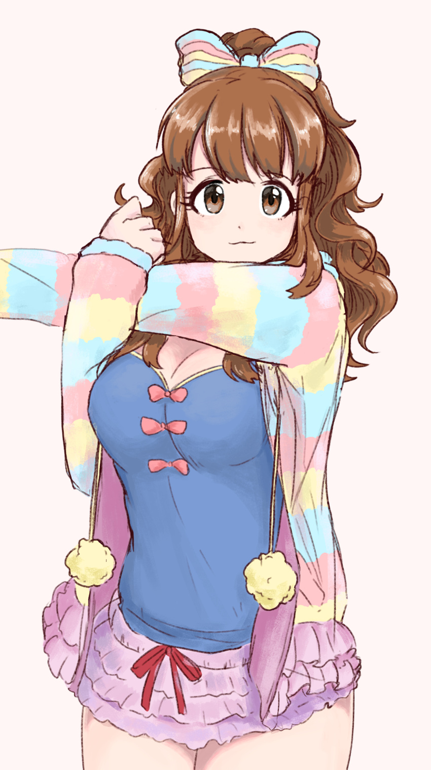 1girl absurdres bangs blue_shirt bow breasts brown_eyes brown_hair cleavage cowboy_shot frilled_skirt frills hair_bow highres idolmaster idolmaster_cinderella_girls jacket long_hair long_sleeves looking_at_viewer medium_breasts moroboshi_kirari multicolored multicolored_bow multicolored_clothes multicolored_jacket open_clothes open_jacket pengwin pink_bow pink_skirt shirt simple_background skirt smile solo striped striped_bow striped_jacket white_background