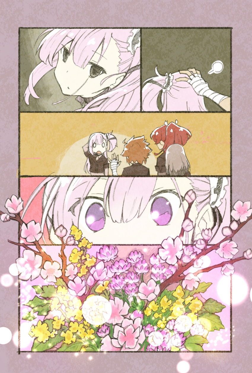 4girls bangs bouquet brown_hair comic empty_eyes eyebrows_visible_through_hair flower hair_between_eyes hair_ribbon highres konohana_suzuka long_hair multicolored_hair multiple_girls open_mouth outside_border petting pink_eyes pink_hair ponytail redhead ribbon sasaki_mitsuru satsuki_yomi shidou_maki_(toji_no_miko) short_hair side_ponytail standing toji_no_miko tsubakuro_yume two-tone_hair white_hair