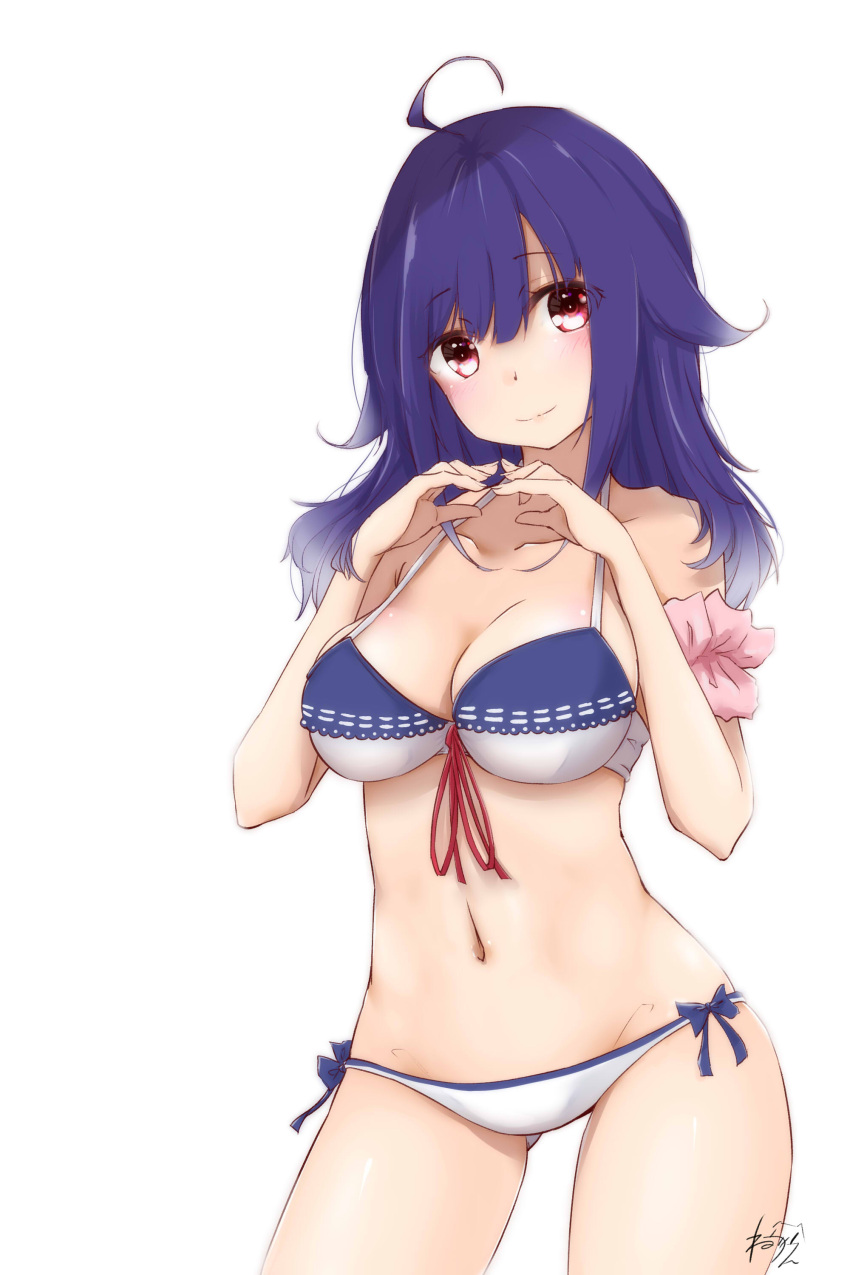 1girl absurdres alternate_hairstyle bikini blush breasts closed_mouth eyebrows_visible_through_hair hair_between_eyes hair_flaps highres kantai_collection large_breasts long_hair looking_at_viewer low_twintails navel neve purple_hair red_eyes simple_background smile solo swimsuit taigei_(kantai_collection) thighs twintails white_background