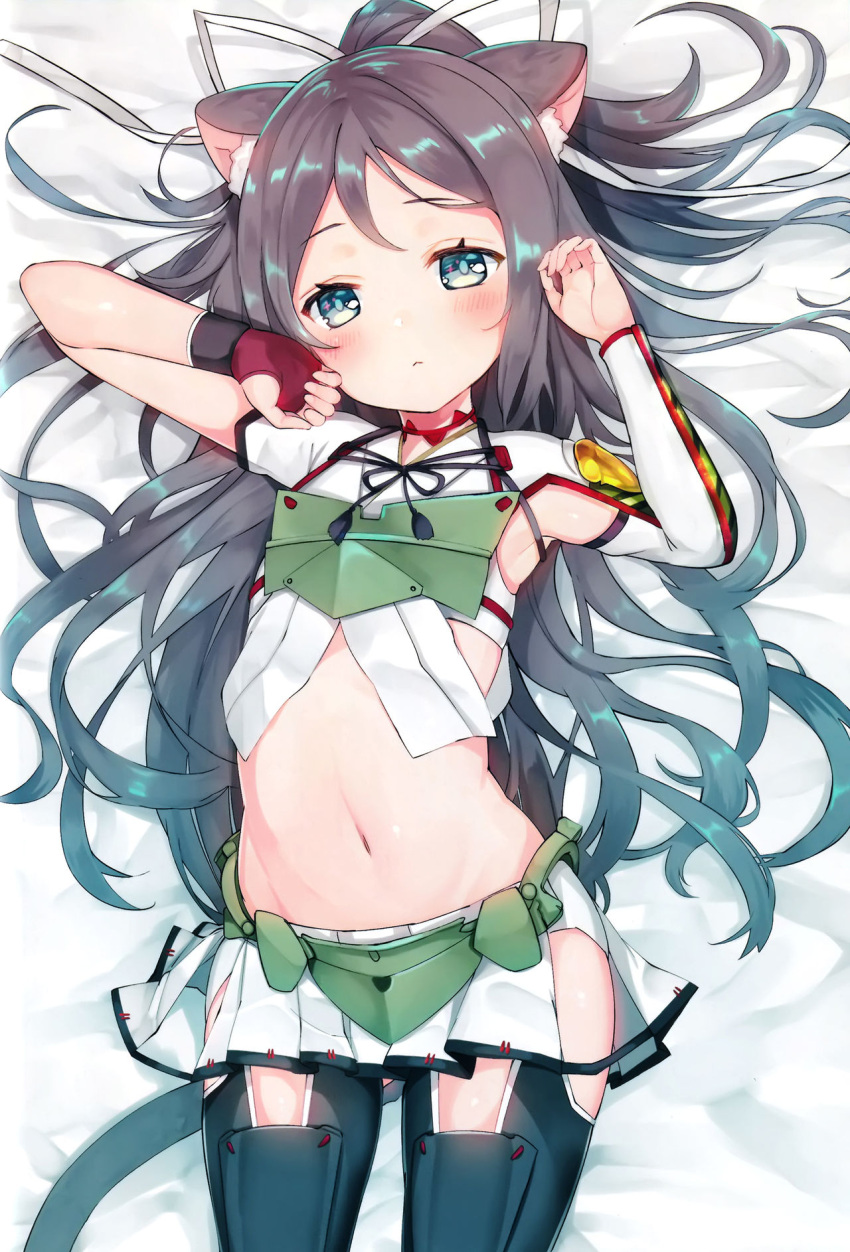 1girl animal_ears armor armpits asymmetrical_clothes asymmetrical_sleeves bangs black_hair black_legwear blue_eyes cat_ears cat_tail cowboy_shot fingerless_gloves gloves gluteal_fold hair_between_eyes hair_ribbon half-closed_eyes highres hip_vent japanese_clothes kantai_collection katsuragi_(kantai_collection) kemonomimi_mode long_hair long_sleeves looking_at_viewer midriff navel open_mouth panties parted_bangs parted_lips paw_pose ponytail remodel_(kantai_collection) ribbon short_sleeves single_glove solo suzuho_hotaru tail thighs twitter_username underwear white_panties white_ribbon