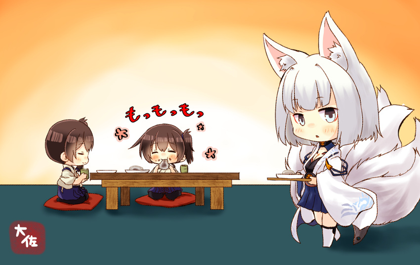 3girls ^_^ animal_ears artist_name azur_lane black_legwear blue_eyes blue_hakama blush brown_hair closed_eyes closed_eyes commentary_request crossover dual_persona eating eyebrows_visible_through_hair food food_on_face fox_ears fox_tail hair_between_eyes hakama hakama_skirt holding holding_food japanese_clothes kaga_(azur_lane) kaga_(kantai_collection) kantai_collection multiple_girls namesake parted_lips seiza short_hair side_ponytail sitting tail taisa_(kari) tasuki thigh-highs white_hair