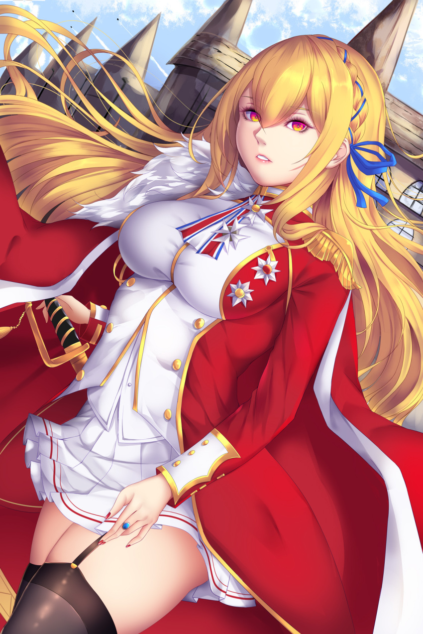 1girl azur_lane black_legwear blonde_hair braid breasts coat commentary_request dutch_angle epaulettes garter_straps hair_between_eyes hair_ribbon hand_on_sword highres jewelry king_george_v_(azur_lane) large_breasts long_hair looking_at_viewer medal pleated_skirt red_coat red_eyes ribbon ring shiro_usagi skirt solo sword thigh-highs weapon white_skirt