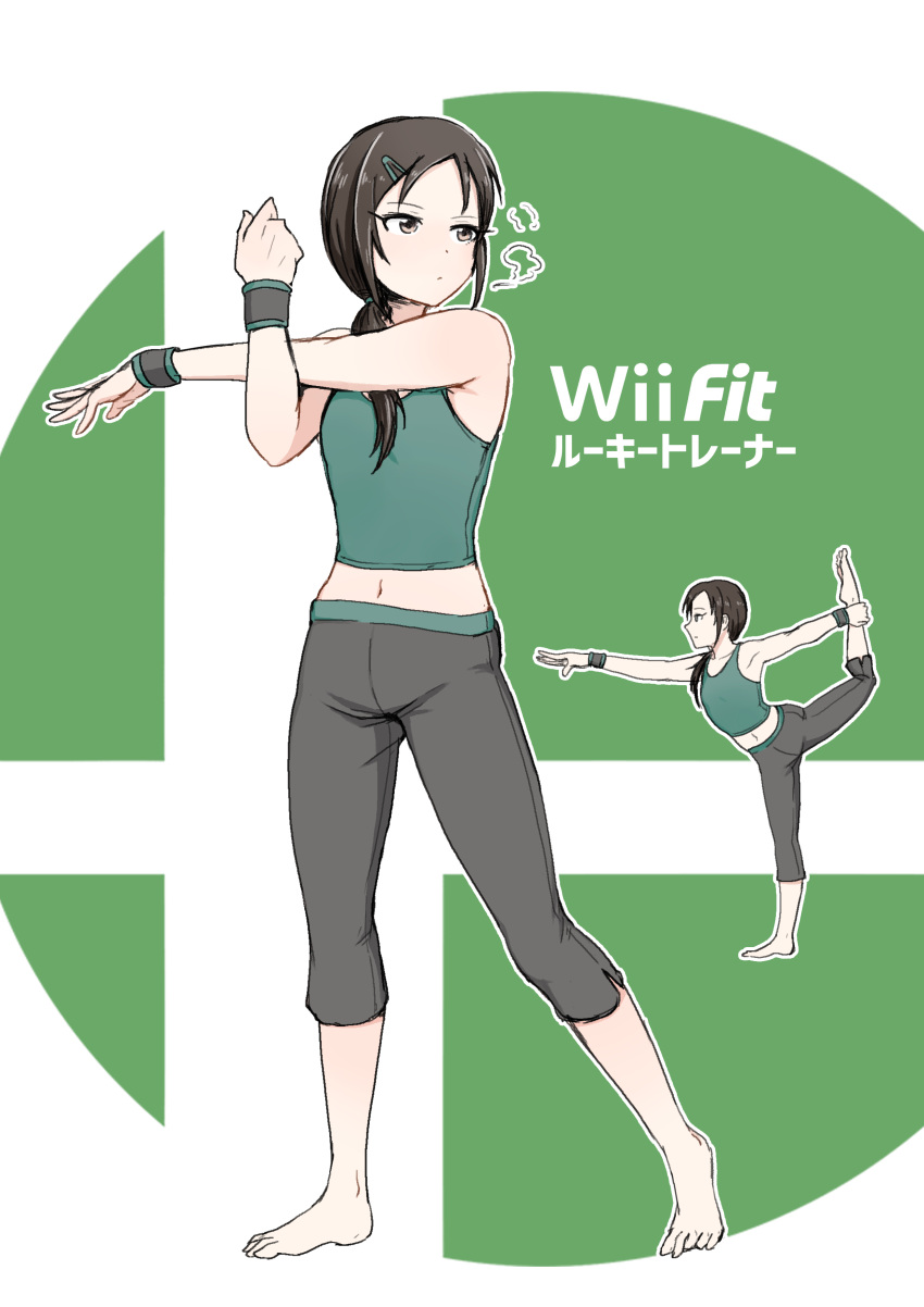 1girl absurdres barefoot black_hair black_pants cosplay full_body hair_ornament hair_over_shoulder hairclip highres idolmaster idolmaster_cinderella_girls leg_up long_hair midriff navel pants pengwin ponytail rookie_trainer sleeveless solo stretch tank_top trainer_(idolmaster) wii_fit_trainer wii_fit_trainer_(cosplay)