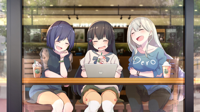 3girls :d bangs black_dress black_hair blue_shirt blush braid brat brown_pants chair closed_eyes commentary_request computer cup day disposable_cup dress drinking_straw eyebrows_visible_through_hair green_skirt hair_between_eyes hair_ornament hairclip highres higuchi_kaede holding holding_cup indoors laptop laughing multiple_girls nijisanji on_chair open_mouth pants pleated_skirt puffy_short_sleeves puffy_sleeves see-through see-through_sleeves shirt shizuka_rin short_hair short_sleeves silver_hair sitting skirt smile table tears thigh-highs tsukino_mito violet_eyes virtual_youtuber white_legwear white_shirt window