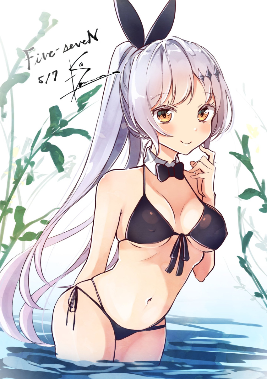 1girl bikini black_bikini black_ribbon blush bow bowtie breasts character_name collar dated erect_nipples five-seven_(girls_frontline) front-tie_bikini front-tie_top girls_frontline hair_ornament hair_ribbon highres kodama_(koda_mat) long_hair looking_at_viewer medium_breasts multi-strapped_bikini navel ponytail ribbon side-tie_bikini signature silver_hair smile solo swimsuit under_boob wading water yellow_eyes