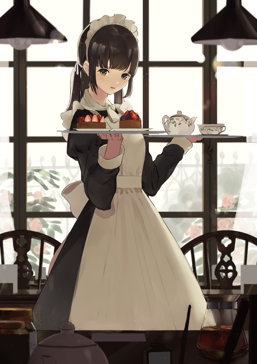 1girl apron black_dress blurry blurry_background blush brown_eyes brown_hair ceiling_light chair commentary_request cup depth_of_field dress food fruit hands_up highres holding holding_tray indoors juliet_sleeves long_hair long_sleeves looking_at_viewer low_twintails maid maid_apron maid_headdress original parted_lips puffy_sleeves shii_(kairi-t-k0317) smile solo steam strawberry table teacup teapot tray twintails white_apron window