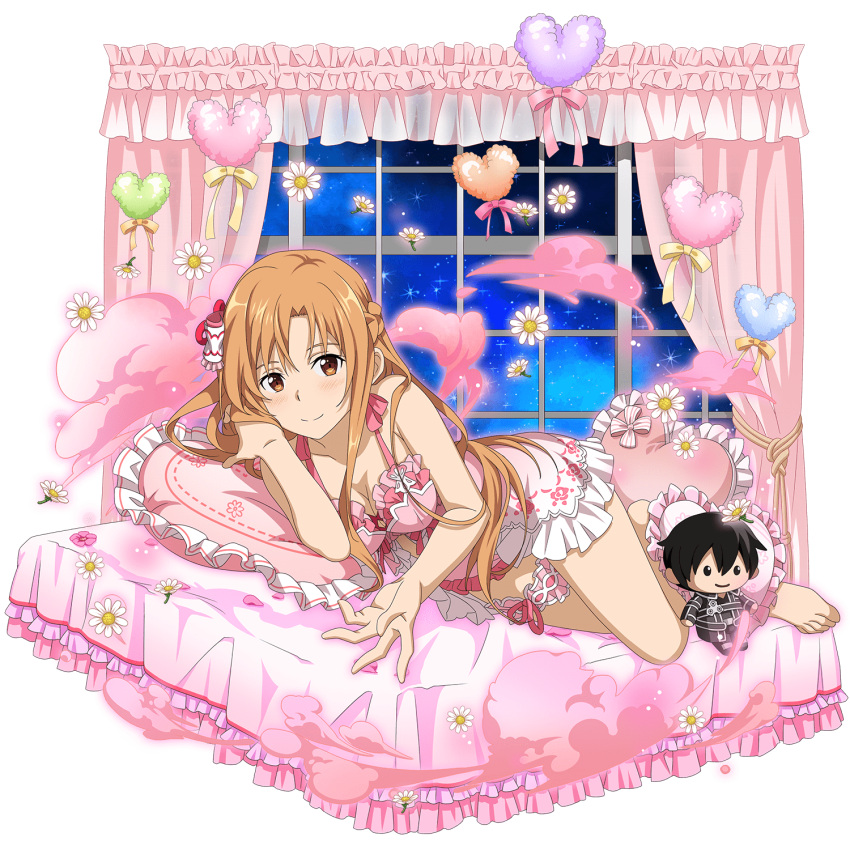 1girl asuna_(sao) barefoot bed blush breasts brown_eyes brown_hair character_doll cleavage day feet flower frilled_pillow frills hair_between_eyes hair_ornament halterneck hand_in_hair highres long_hair looking_at_viewer lying medium_breasts official_art on_bed on_side pillow pink_ribbon pink_shirt ribbon shiny shiny_hair shirt sky sleeveless sleeveless_shirt smile solo star_(sky) starry_sky sword_art_online thigh_strap transparent_background very_long_hair white_flower yellow_ribbon