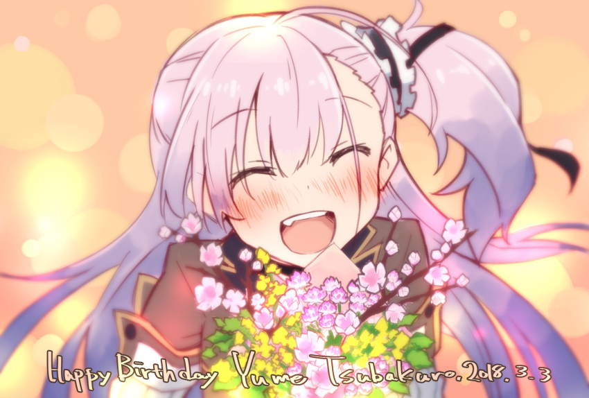 1girl bangs birthday blush bouquet character_name closed_eyes dated english_text eyebrows_visible_through_hair fang flower hair_between_eyes happy_birthday highres holding holding_bouquet long_hair open_mouth pink_hair sasaki_mitsuru side_ponytail simple_background smile solo teeth toji_no_miko tsubakuro_yume uniform