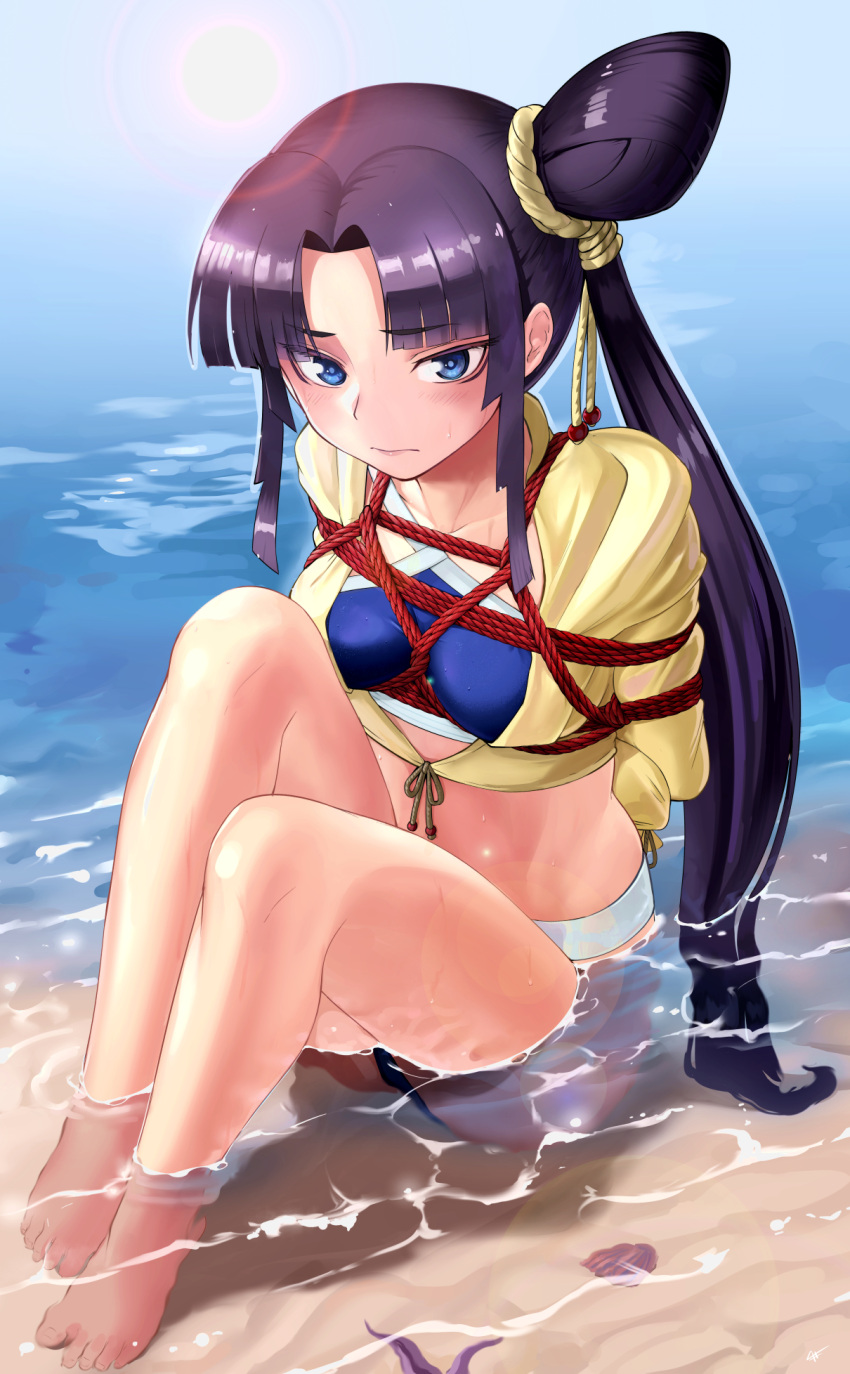 1girl arms_behind_back bangs barefoot bdsm bikini black_hair blue_bikini blue_eyes blush bondage bound breasts closed_mouth commentary_request cropped_jacket fate/grand_order fate_(series) feet highres jacket long_hair long_sleeves looking_at_viewer ocean parted_bangs rope seashell sharpffffff shell shibari side_ponytail sitting small_breasts solo sun swimsuit ushiwakamaru_(fate/grand_order) ushiwakamaru_(swimsuit_assassin)_(fate) wet yellow_jacket