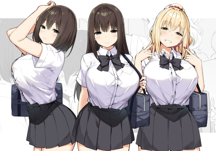 1boy 2080ti-kun_(sky_(freedom)) 3girls bag bangs black_hair black_neckwear black_skirt blonde_hair blonde_onee-san_(sky_(freedom)) blue_eyes blush bow bowtie breasts brown_hair button_gap closed_mouth collared_shirt cowboy_shot green_eyes grey_eyes grin hair_between_eyes hands_up head_tilt highres huge_breasts large_breasts long_hair looking_at_viewer mole mole_onee-san_(sky_(freedom)) mole_under_eye multiple_girls nail_polish original pleated_skirt pointing pointing_at_self ponytail school_bag school_uniform scrunchie serafuku shirt shirt_tucked_in short_hair short_sleeves sidelocks sidelocks_onee-san_(sky_(freedom)) skirt sky_(freedom) smile tented_shirt white_shirt