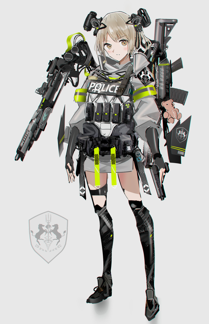 1girl bangs barcode blush brown_eyes english_text eyebrows_visible_through_hair fingerless_gloves full_body gloves grey_background gun highres holding holding_gun holding_weapon light_brown_hair looking_at_viewer original police short_hair simple_background standing swav weapon