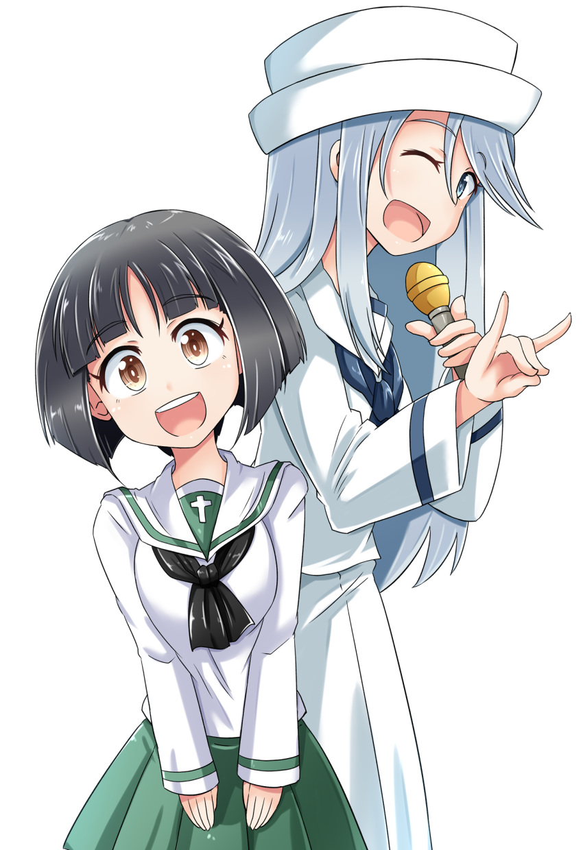 2girls :d ;d \n/ bangs black_eyes black_hair black_neckwear blouse blue_eyes blunt_bangs bob_cut commentary_request dixie_cup_hat eyebrows_visible_through_hair flint_(girls_und_panzer) girls_und_panzer gotou_moyoko green_skirt hat head_tilt highres holding holding_microphone kitayama_miuki long_hair long_skirt long_sleeves looking_at_viewer microphone military_hat miniskirt multiple_girls navy_blue_neckwear neckerchief one_eye_closed ooarai_naval_school_uniform ooarai_school_uniform open_mouth pleated_skirt sailor sailor_collar school_uniform serafuku short_hair silver_hair simple_background skirt smile standing white_background white_blouse white_headwear white_skirt